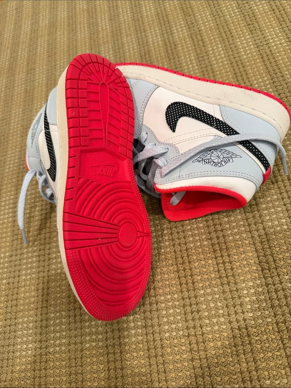 Jordan Kids High-Top Sneakers in Light Gray and Red